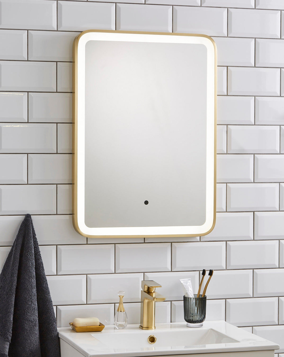 Ottone Square 500X700MM LED MIRROR ANTI-FOG • • 3 TONE AMBIENT LIGHTING • BRUSHED BRASS FRAME • SENSOR SWITCH
